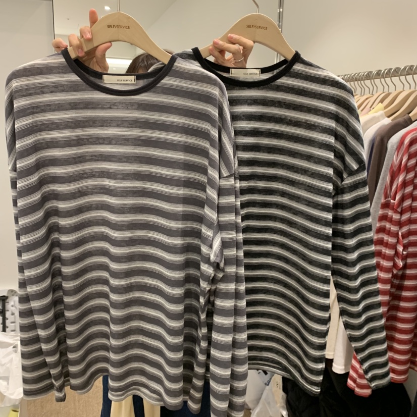 SELF SERVICE韓國東大門直郵女裝新品職業長袖T恤天絲條紋SELF SERVICE長袖T恤