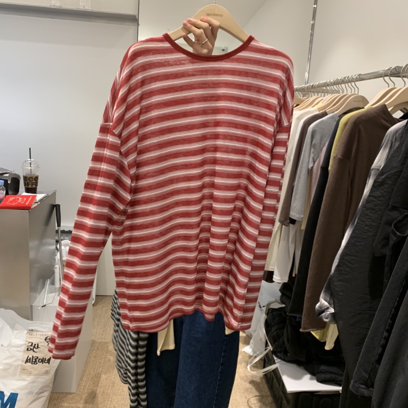 SELF SERVICE韓國東大門直郵女裝新品職業長袖T恤天絲條紋SELF SERVICE長袖T恤圖色2