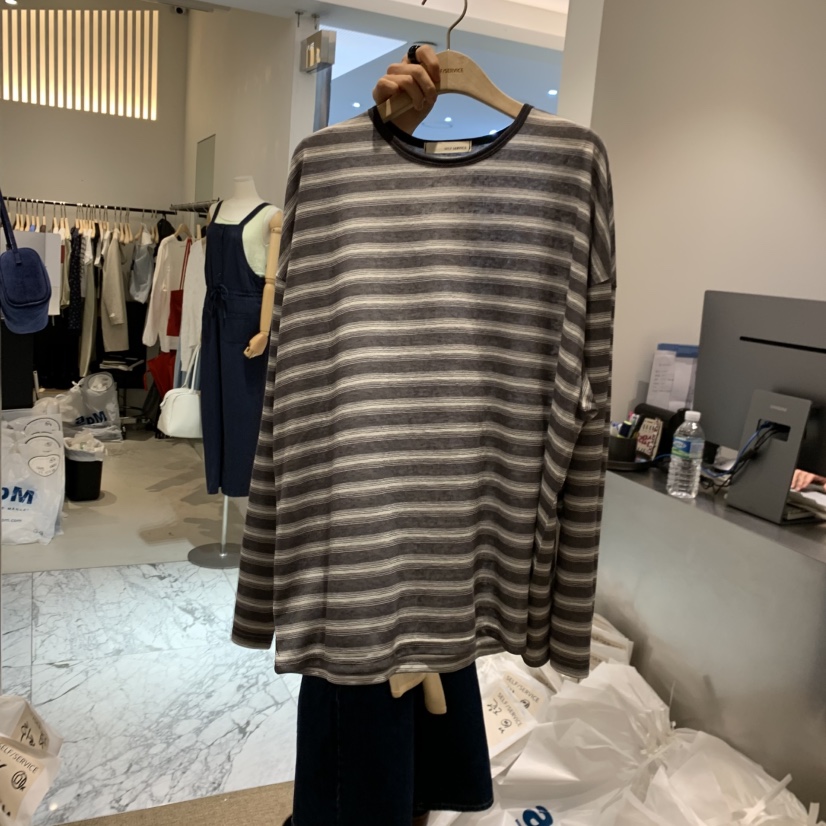 SELF SERVICE韓國東大門直郵女裝新品職業長袖T恤天絲條紋SELF SERVICE長袖T恤圖色3