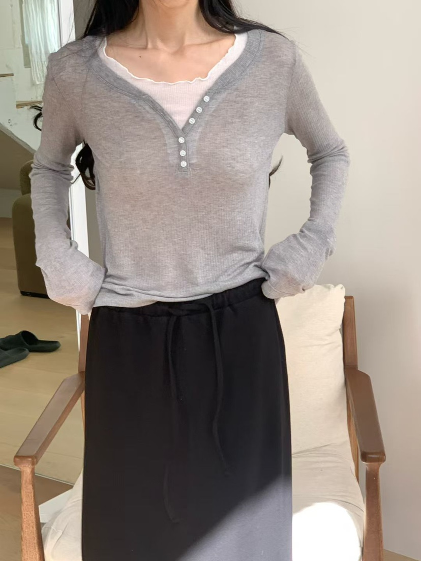 NOTHING韓國東大門直郵女裝新款人氣時尚職業長袖T恤撞色NOTHING長袖T恤