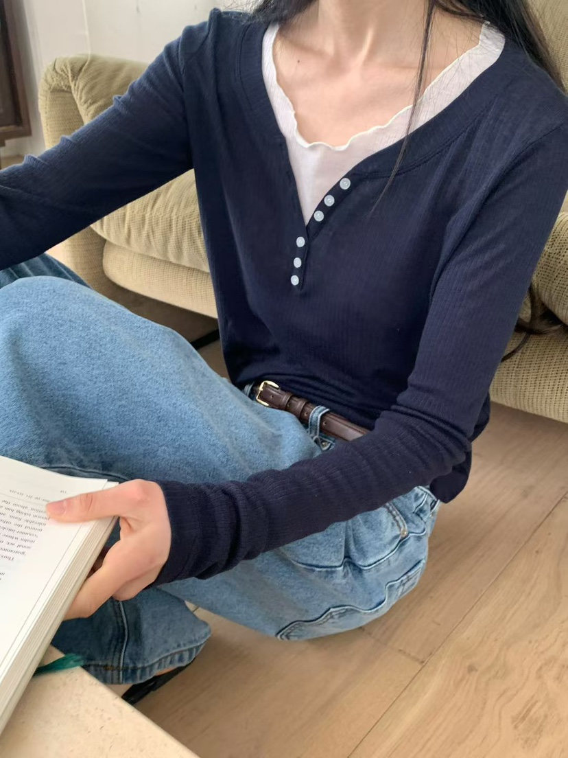 NOTHING韓國東大門直郵女裝新款人氣時尚職業長袖T恤撞色NOTHING長袖T恤