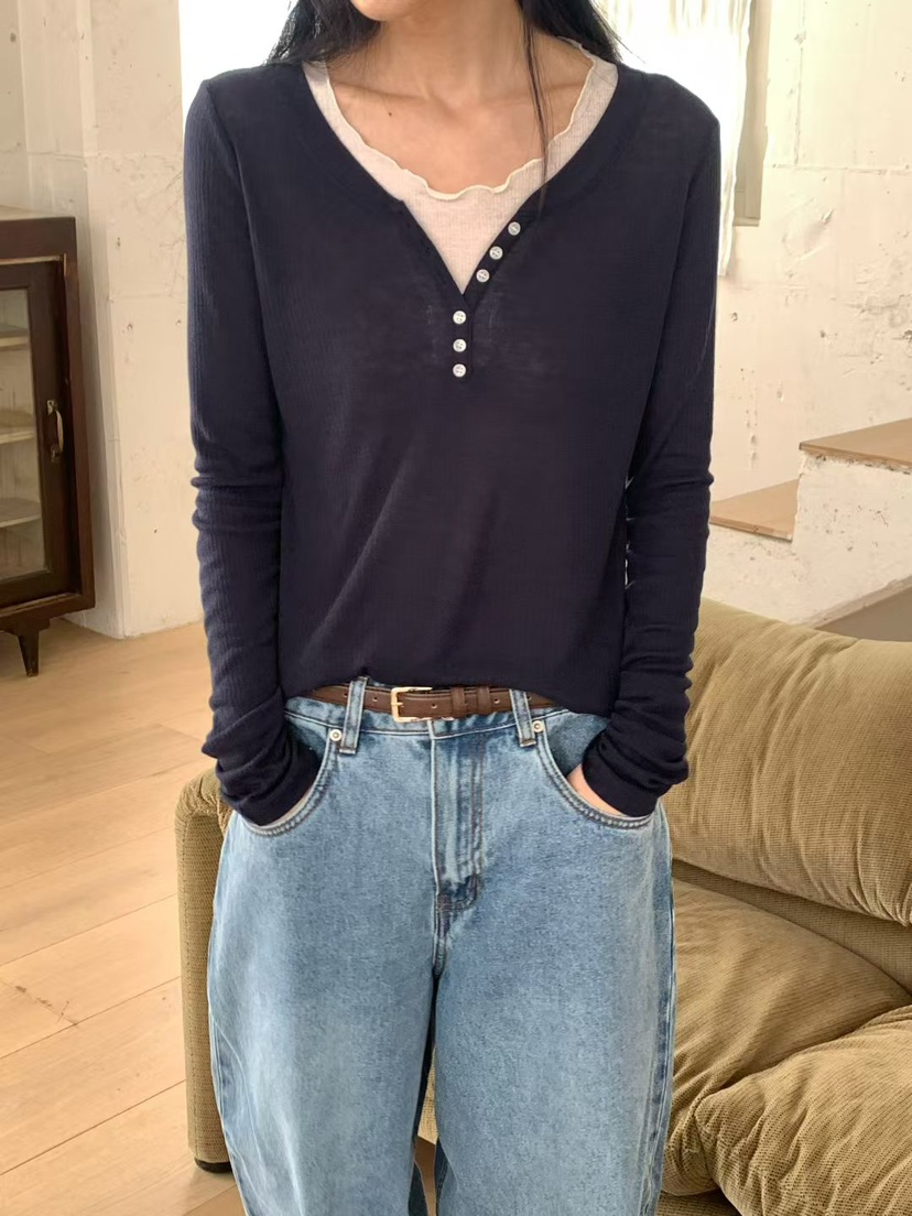 NOTHING韓國東大門直郵女裝新款人氣時尚職業長袖T恤撞色NOTHING長袖T恤