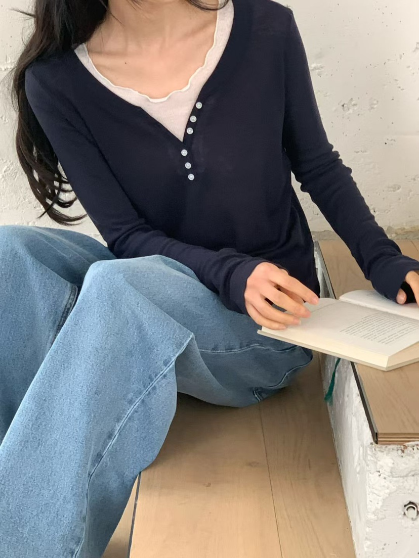 NOTHING韓國東大門直郵女裝新款人氣時尚職業長袖T恤撞色NOTHING長袖T恤