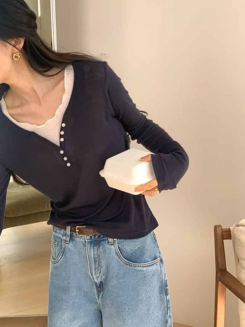 NOTHING韓國東大門直郵女裝新款人氣時尚職業長袖T恤撞色NOTHING長袖T恤