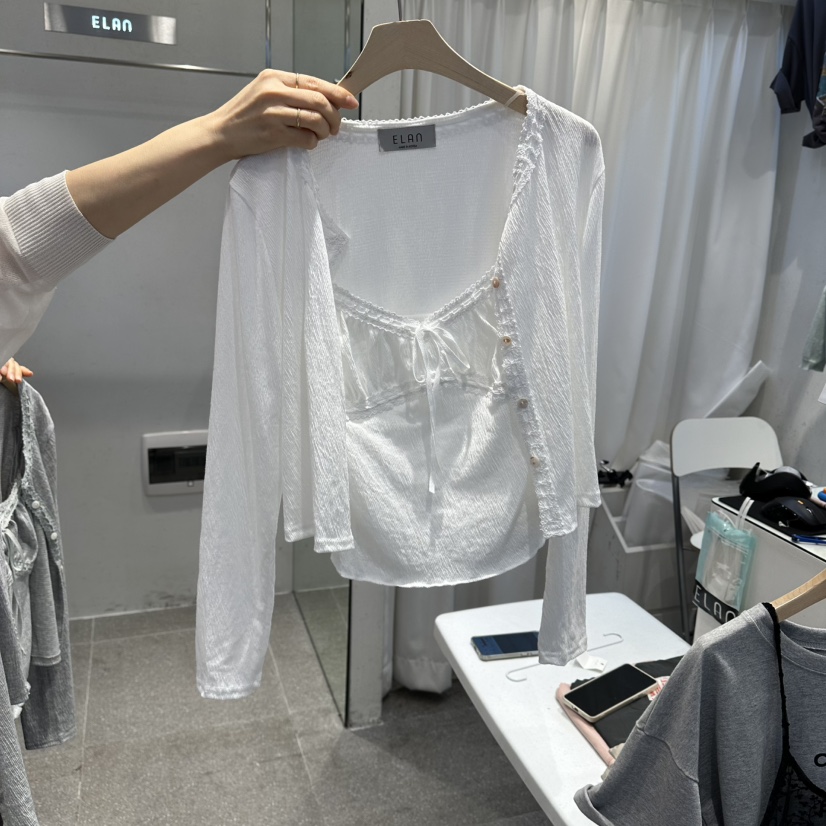 空韓國東大門直郵女裝新品時尚熱賣26春夏套裝套裝蕾絲開衫空套裝圖色1