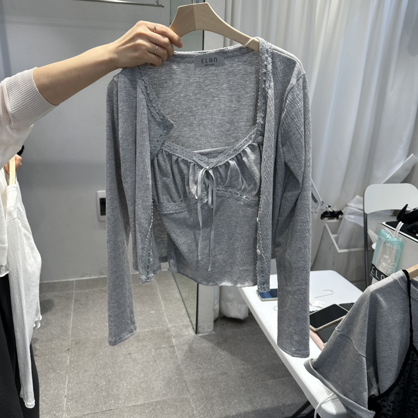 空韓國東大門直郵女裝新品時尚熱賣26春夏套裝套裝蕾絲開衫空套裝圖色2