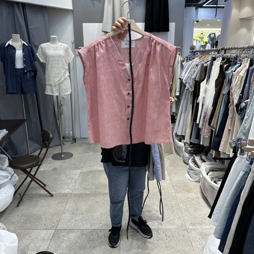 BLOOM韓國東大門直郵女士新品推薦襯衫蕾絲衫含腰帶亞麻條紋BLOOM-Q襯衫/蕾絲衫圖色1