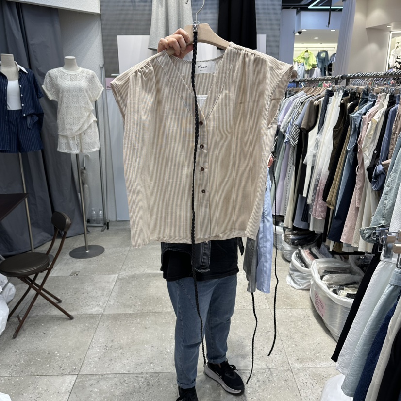 BLOOM韓國東大門直郵女士新品推薦襯衫蕾絲衫含腰帶亞麻條紋BLOOM-Q襯衫/蕾絲衫圖色2