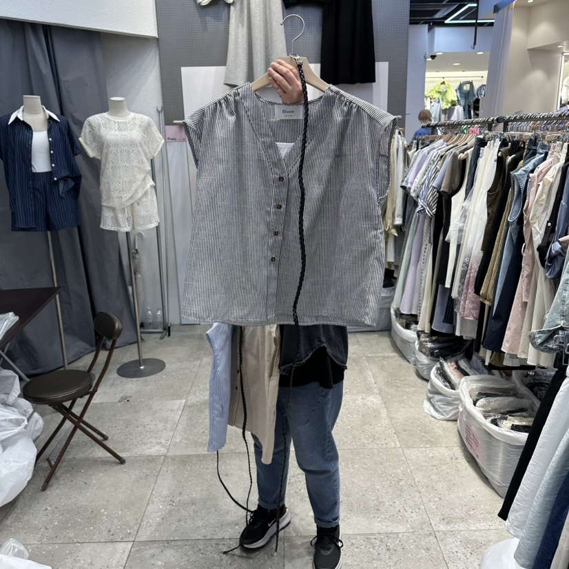 BLOOM韓國東大門直郵女士新品推薦襯衫蕾絲衫含腰帶亞麻條紋BLOOM-Q襯衫/蕾絲衫圖色4