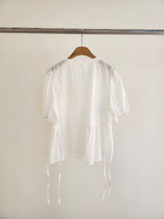 FEMME韓國直郵實拍女士新品26春夏休閑襯衫蕾絲衫系帶蕾絲FEMME襯衫/蕾絲衫