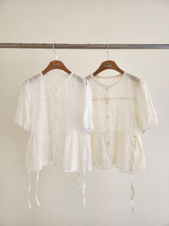 FEMME韓國直郵實拍女士新品26春夏休閑襯衫蕾絲衫系帶蕾絲FEMME襯衫/蕾絲衫