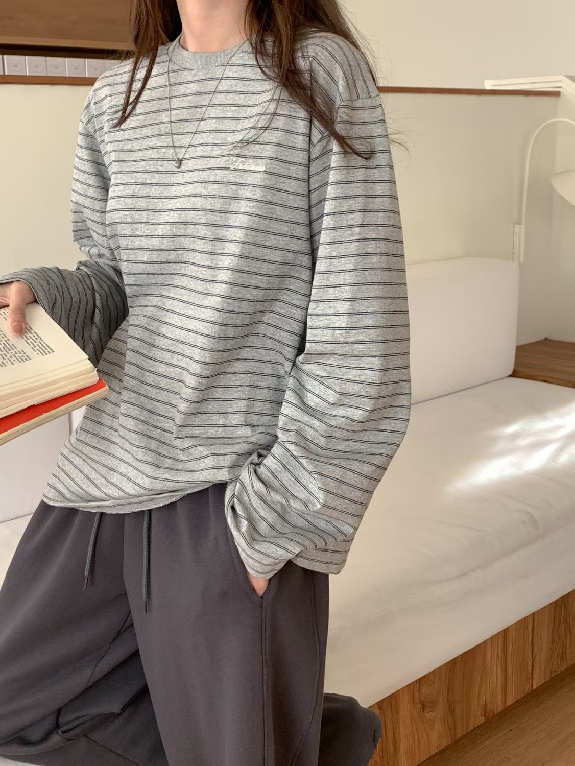 SUNDAY/FF韓國東大門代購女士新品時尚26春夏長袖T恤刺繡條紋SUNDAY/FF長袖T恤圖色2