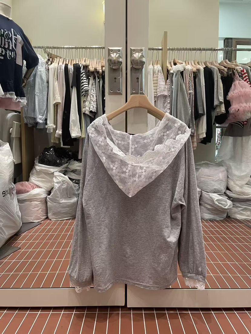 BE&amp;BE韓國直郵實拍女裝新品休閑26春夏長袖T恤蕾絲連帽BE&be長袖T恤