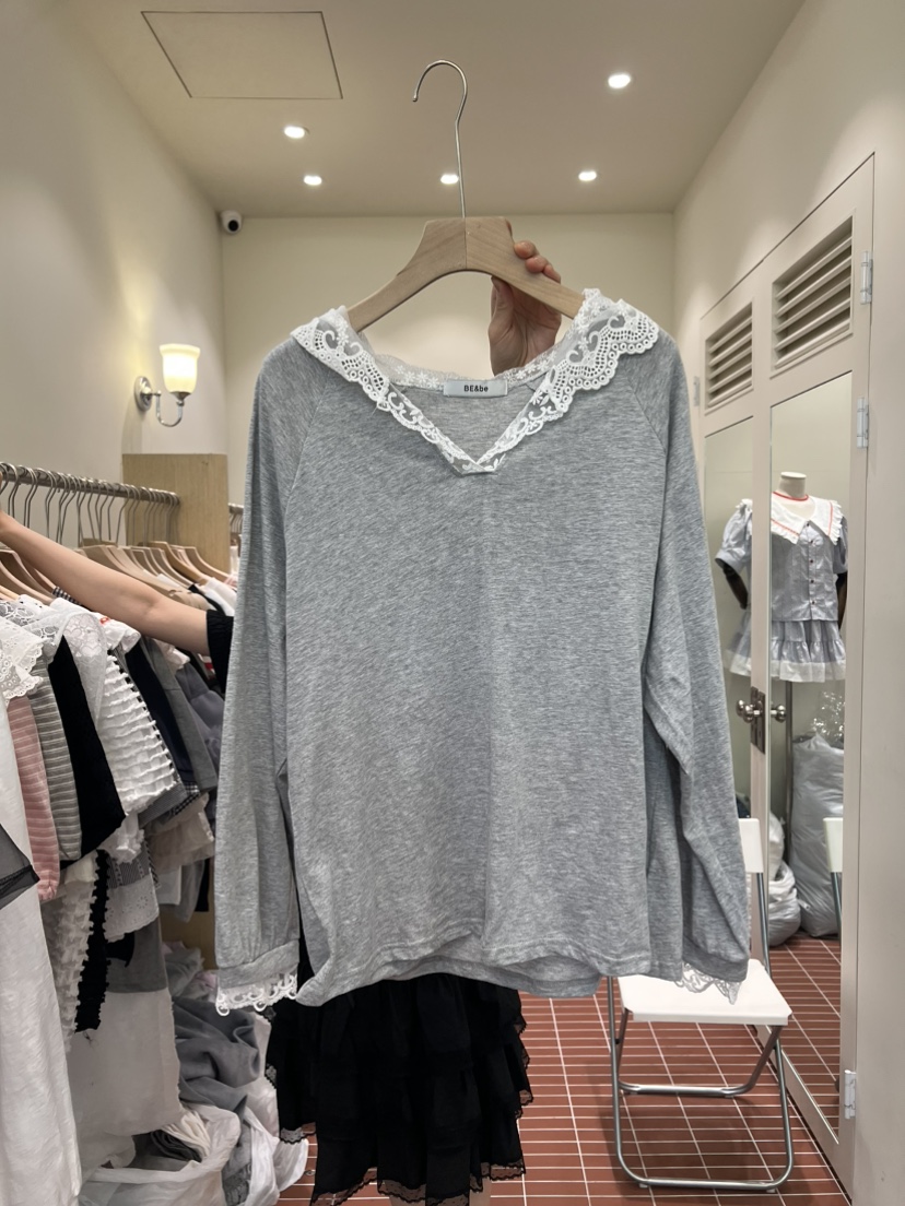 BE&amp;BE韓國直郵實拍女裝新品休閑26春夏長袖T恤蕾絲連帽BE&be長袖T恤圖色2