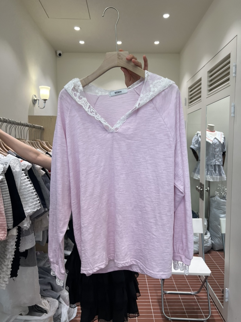 BE&amp;BE韓國直郵實拍女裝新品休閑26春夏長袖T恤蕾絲連帽BE&be長袖T恤圖色3