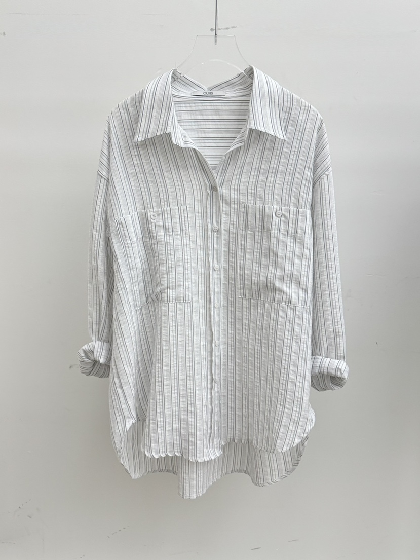 OURS韓國東大門代購女士新款26春夏休閑襯衫蕾絲衫透明條紋OURS襯衫/蕾絲衫圖色1