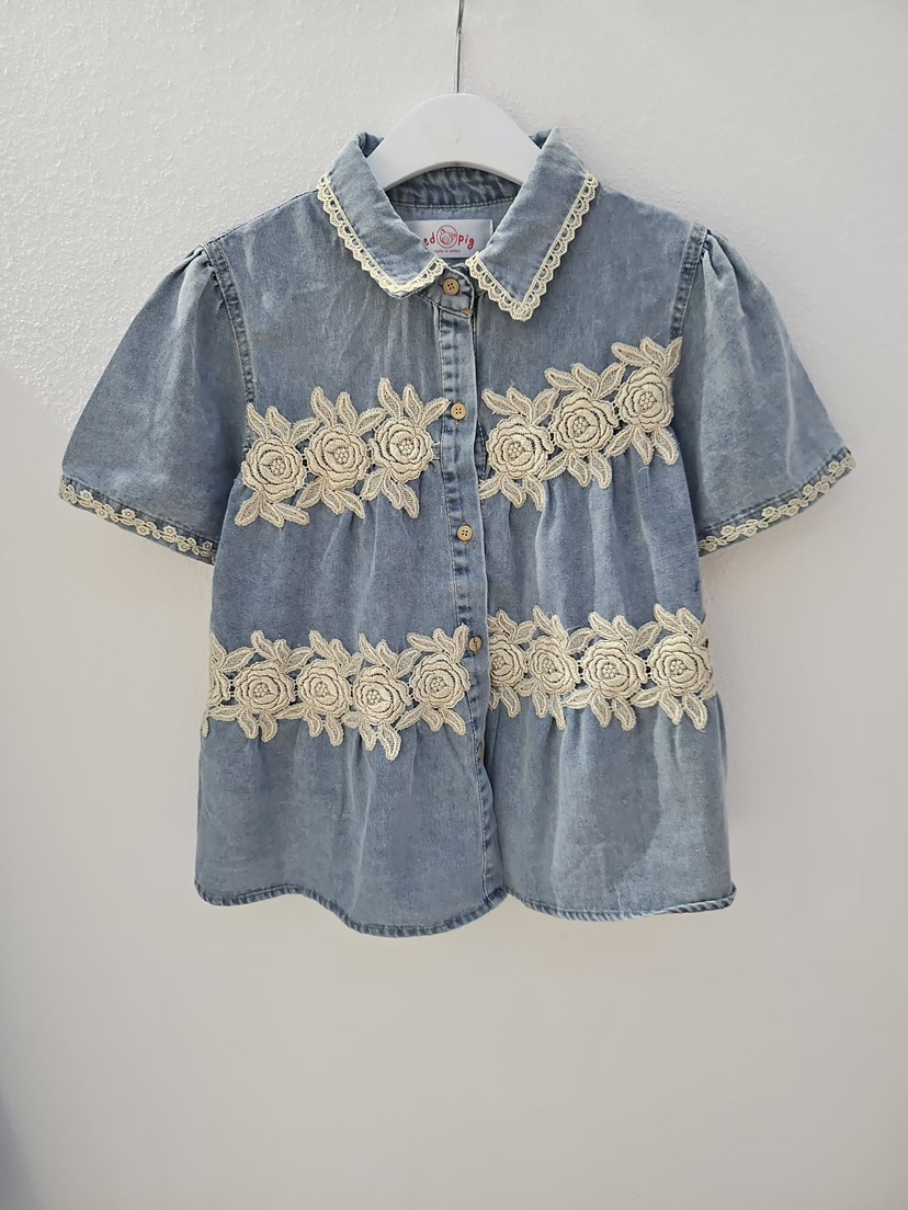 REDPIG韓國代購女裝新款26春夏職業休閑人氣襯衫蕾絲衫刺繡Red Pig襯衫/蕾絲衫圖色1