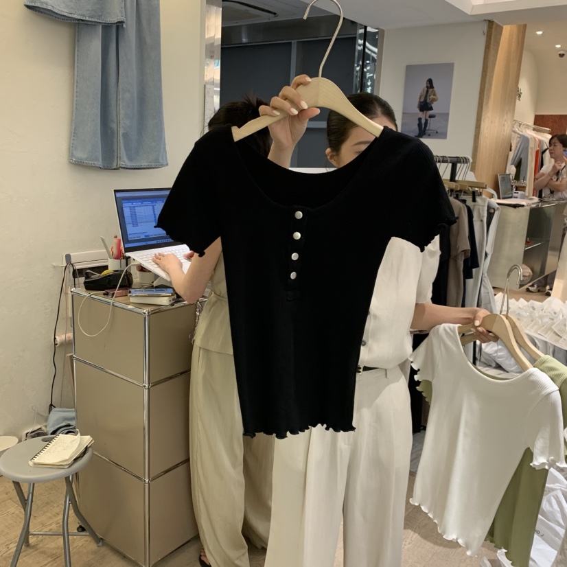 W AND J韓國東大門直郵女士新款休閑時尚熱賣26春夏T恤羅紋W AND JT恤圖色2