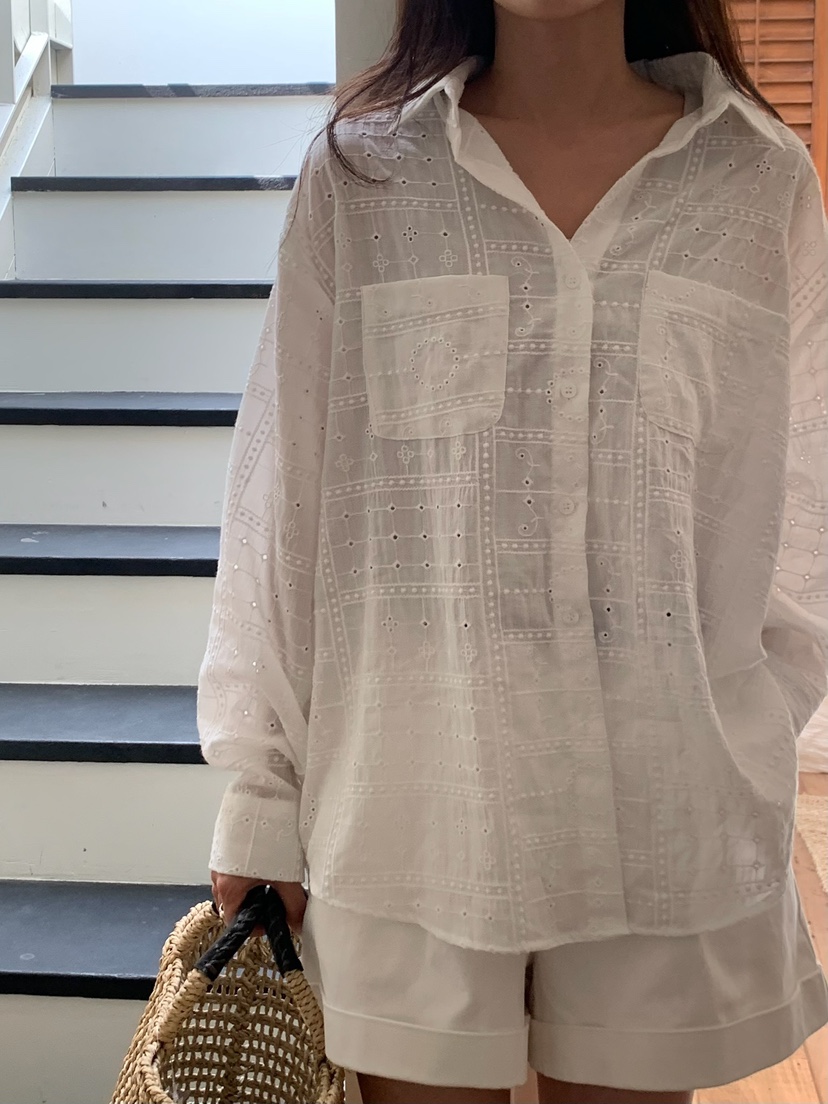 BLEECKER韓國直郵實拍女士新款人氣26春夏襯衫蕾絲衫刺繡BLEECKER襯衫/蕾絲衫