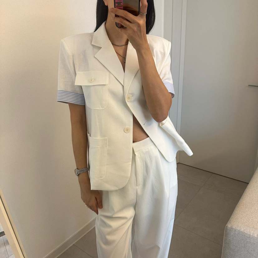 SOUIT韓國直郵女士新款職業26春夏時尚休閑熱賣夾克撞色亞麻SOUIT by mabel-L夾克