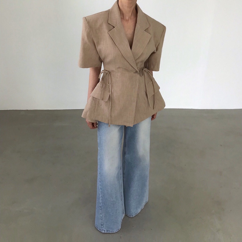 2TWO MOON韓國東大門直郵女裝新款熱賣職業夾克蝴蝶結亞麻2TWO MOON夾克