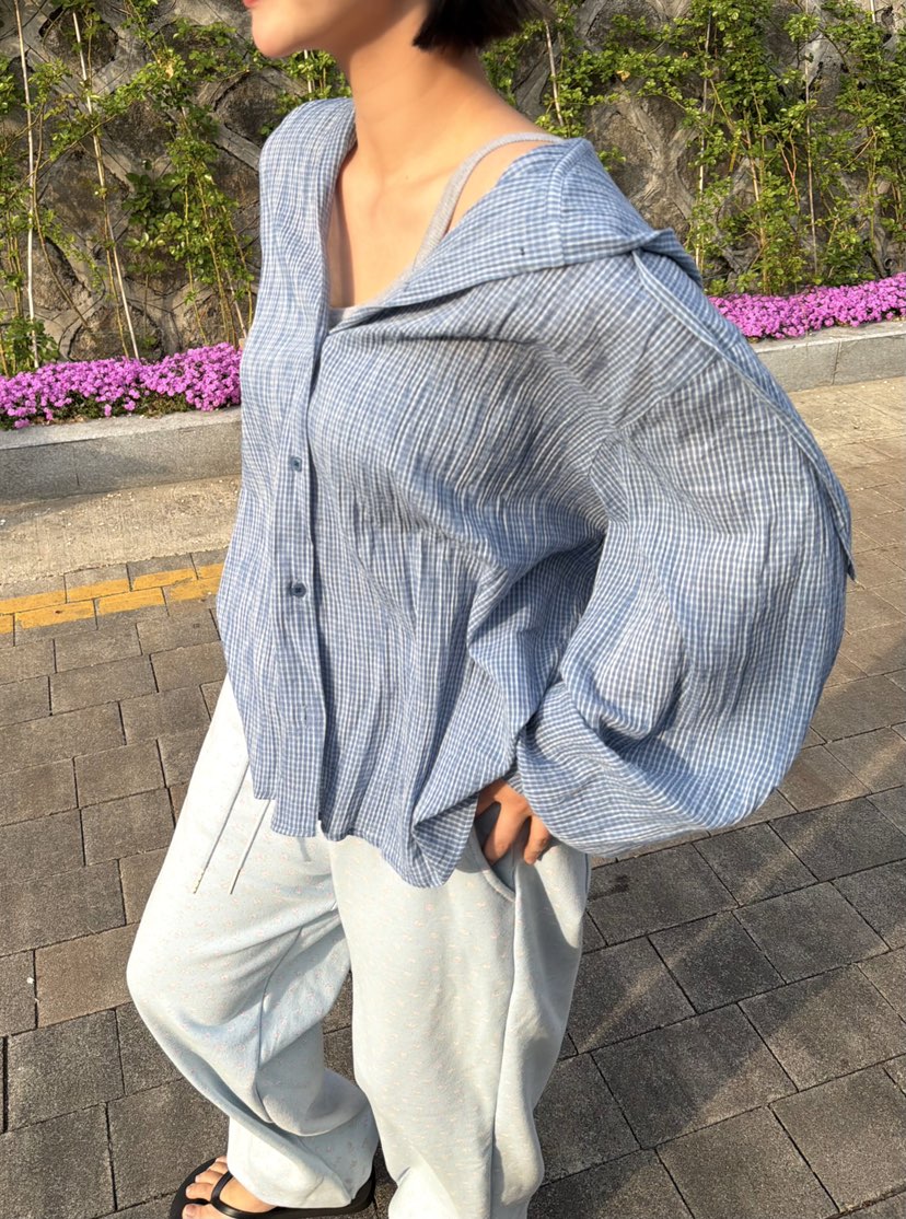 THE LINE-Q韓國東大門代購女裝新款職業襯衫蕾絲衫連帽衫格子THE LINE-Q襯衫/蕾絲衫