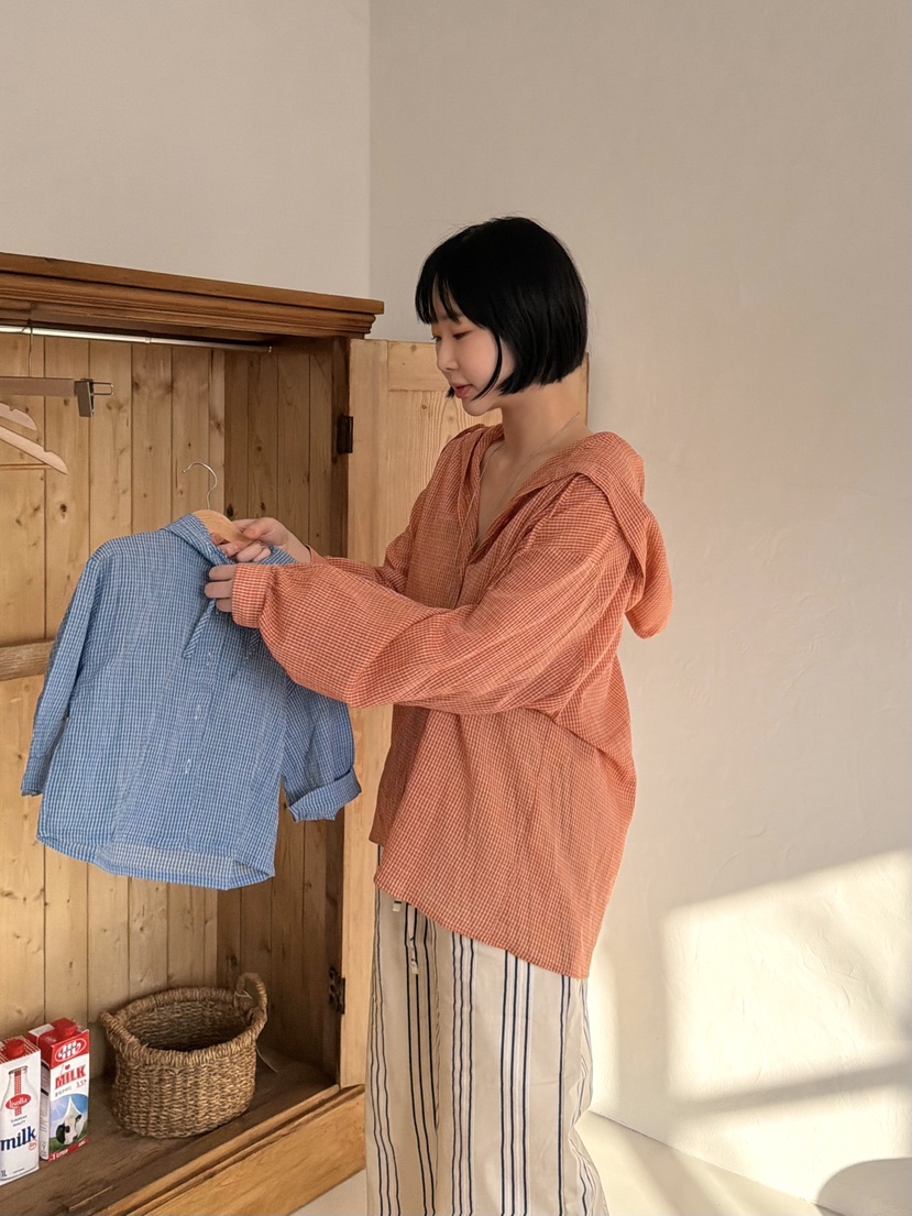 THE LINE-Q韓國東大門代購女裝新款職業襯衫蕾絲衫連帽衫格子THE LINE-Q襯衫/蕾絲衫