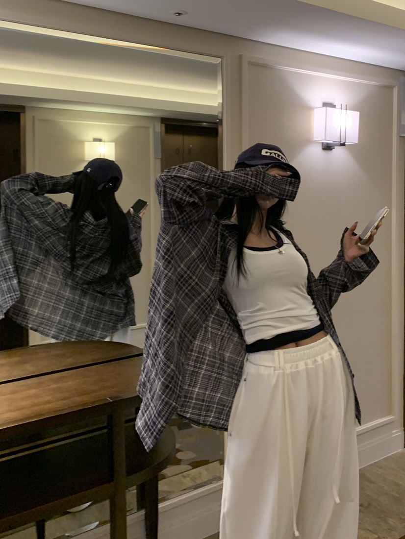 BADCALM韓國代購女裝新款休閑時尚人氣26春夏襯衫蕾絲衫格子BADCALM襯衫/蕾絲衫