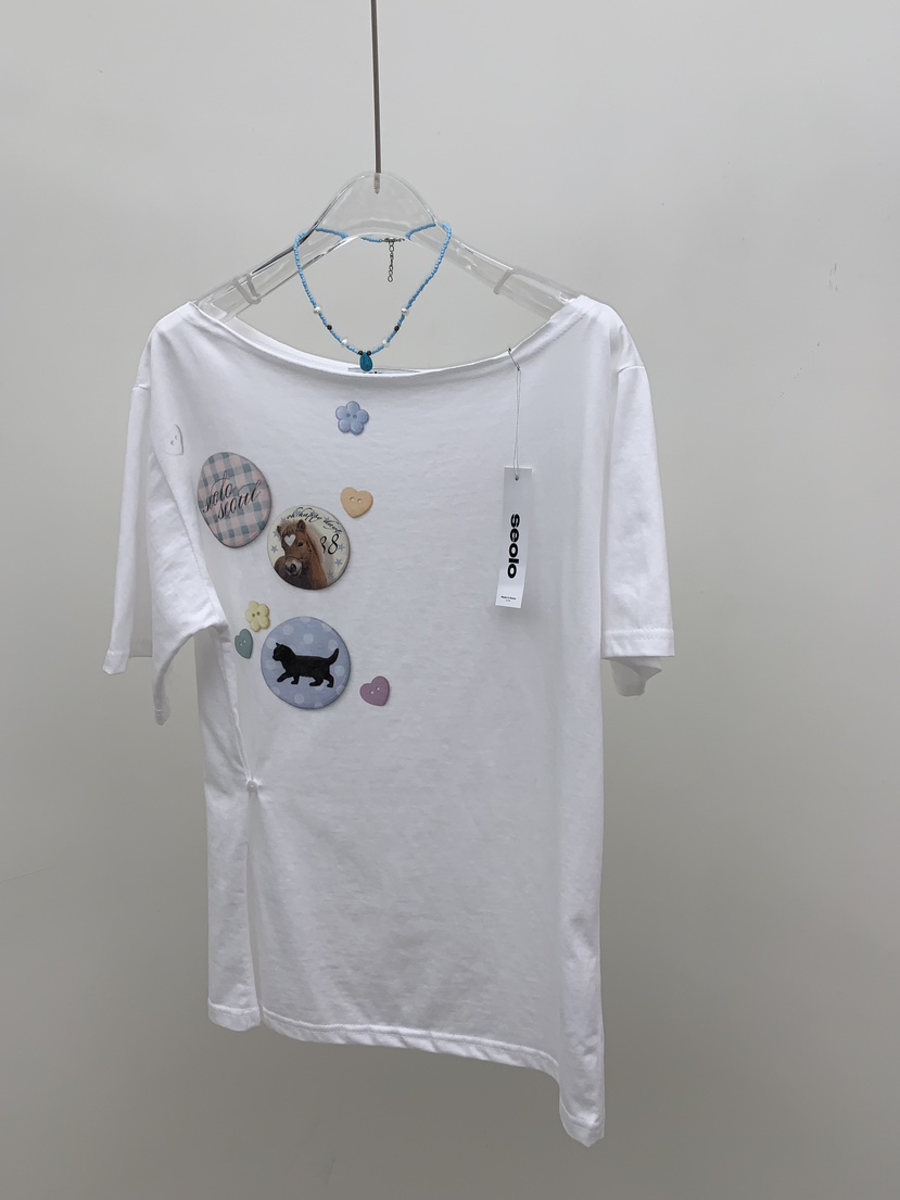 SEOLO韓國代購女士新品熱賣推薦時尚26春夏休閑職業T恤紐扣Seolo seoulT恤圖色2