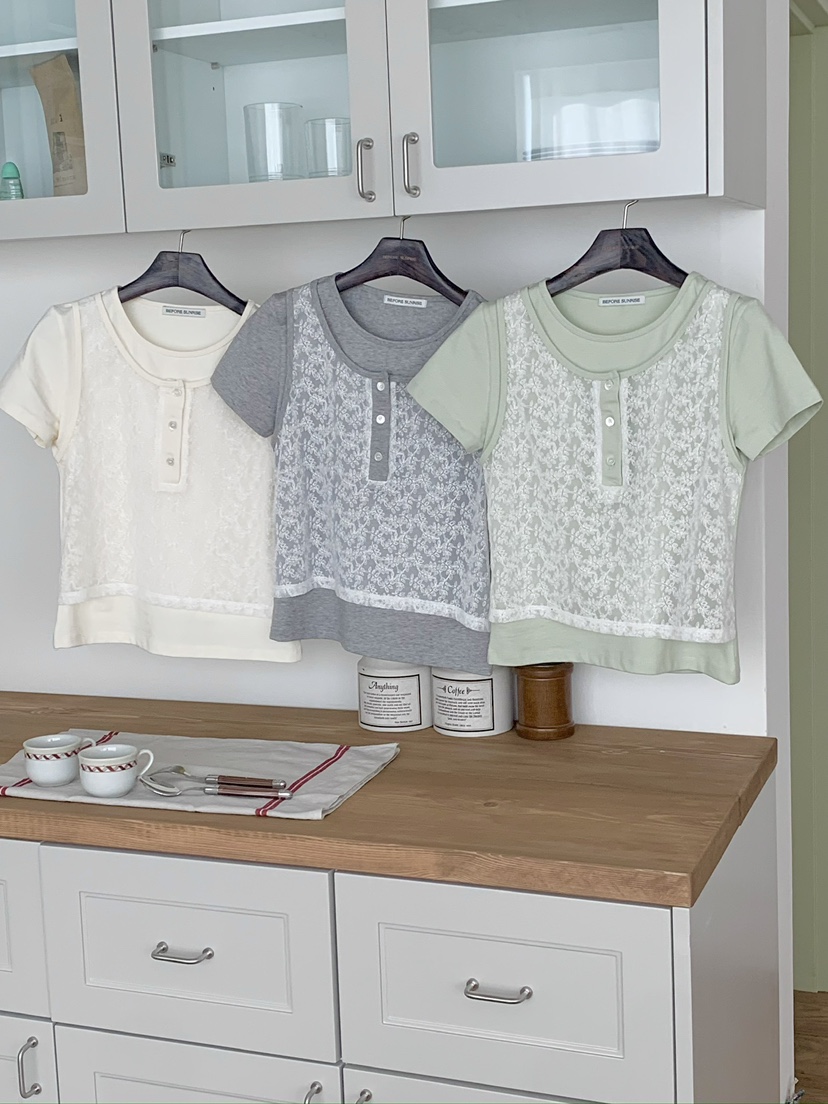 BEFORE SUNRISE韓國直郵女裝新品時尚休閑26春夏T恤蕾絲BEFORE SUNRISET恤