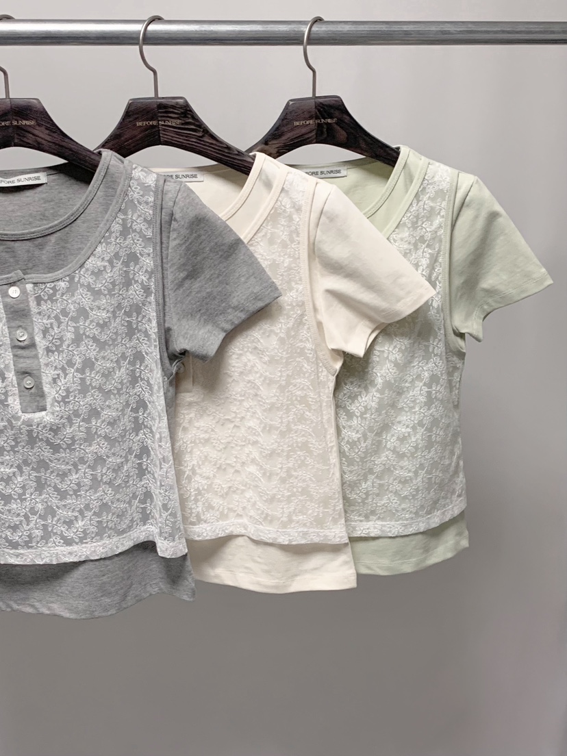 BEFORE SUNRISE韓國直郵女裝新品時尚休閑26春夏T恤蕾絲BEFORE SUNRISET恤
