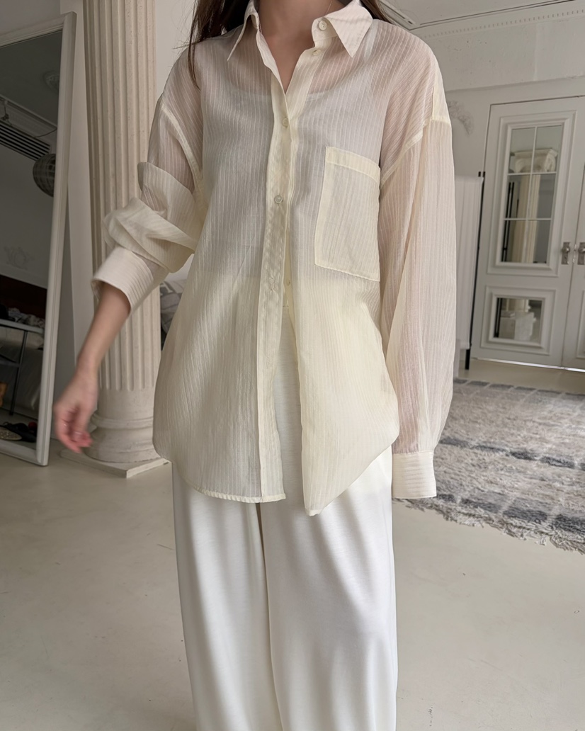 PEBBLE韓國代購女裝新品時尚休閑26春夏職業襯衫蕾絲衫寬松PEBBLE襯衫/蕾絲衫