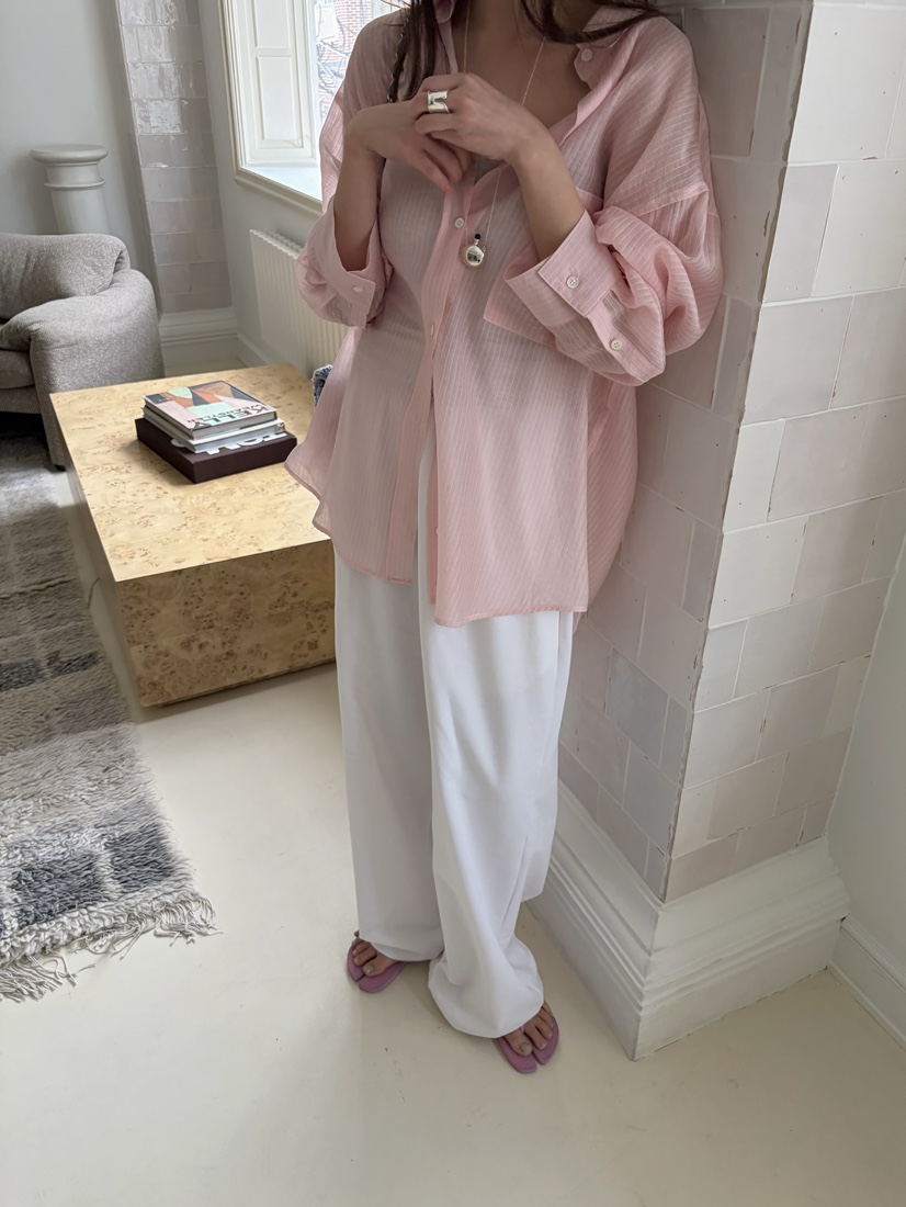 PEBBLE韓國代購女裝新品時尚休閑26春夏職業襯衫蕾絲衫寬松PEBBLE襯衫/蕾絲衫