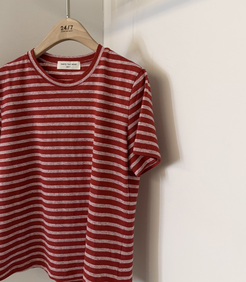 TWENTY FOUR SEVEN24-7韓國東大門直郵女裝新品時尚T恤亞麻條紋TEWNTY FOUR SEVEN24-7T恤