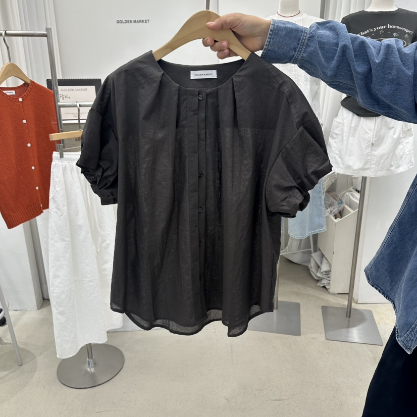 GOLDEN MARKET韓國東大門代購女裝新款26春夏襯衫蕾絲衫褶皺亞麻GOLDEN MARKET襯衫/蕾絲衫圖色2