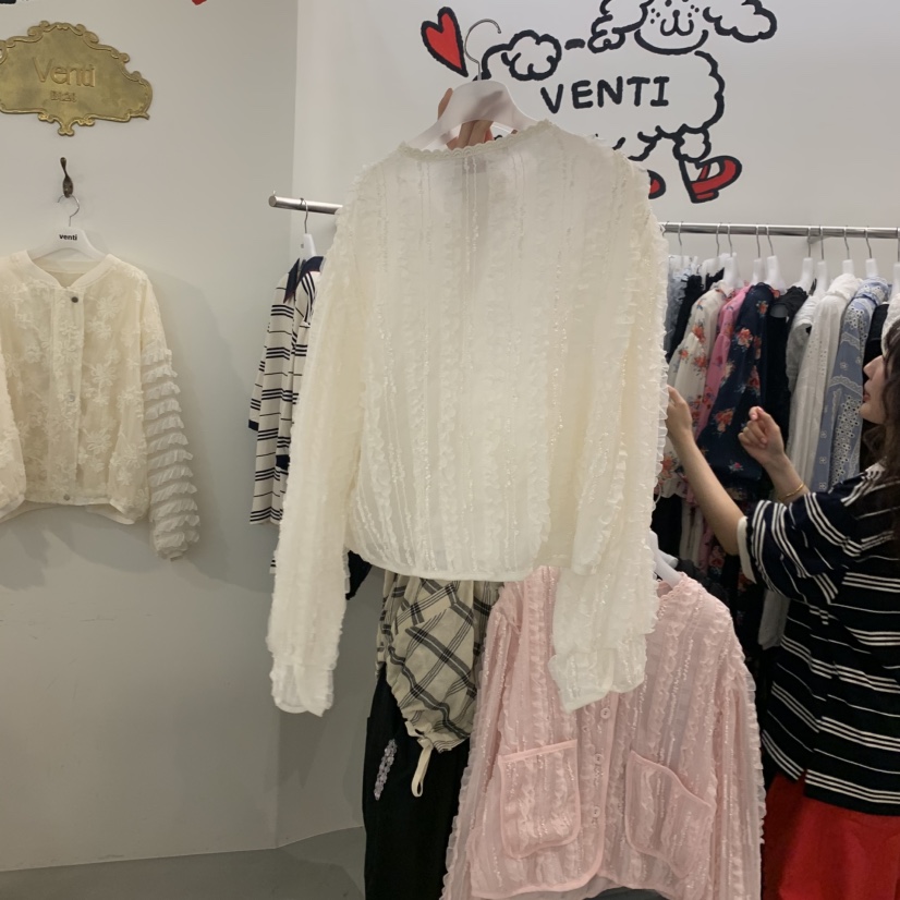 VENTI韓國直郵實拍女裝新品26春夏襯衫蕾絲衫荷葉邊蕾絲開衫VENTI襯衫/蕾絲衫