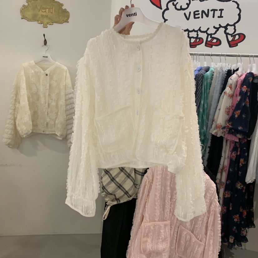 VENTI韓國直郵實拍女裝新品26春夏襯衫蕾絲衫荷葉邊蕾絲開衫VENTI襯衫/蕾絲衫圖色1