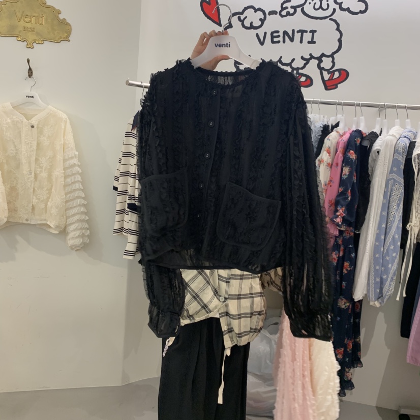 VENTI韓國直郵實拍女裝新品26春夏襯衫蕾絲衫荷葉邊蕾絲開衫VENTI襯衫/蕾絲衫圖色2