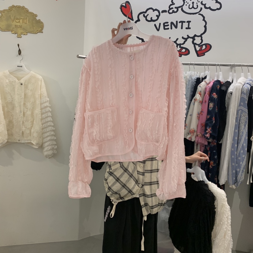 VENTI韓國直郵實拍女裝新品26春夏襯衫蕾絲衫荷葉邊蕾絲開衫VENTI襯衫/蕾絲衫圖色3