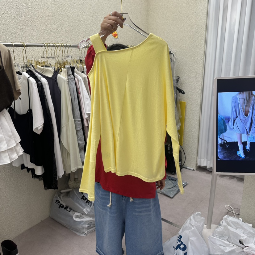 DRAWING東大門直郵女士新款推薦職業真品人氣長袖T恤不對稱DRAWING長袖T恤