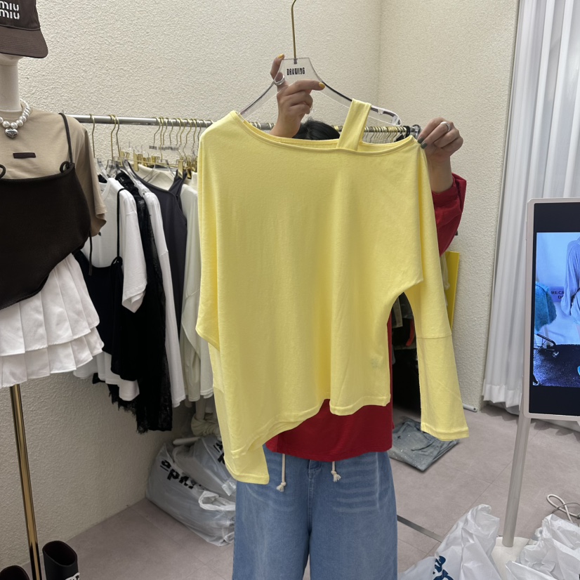 DRAWING東大門直郵女士新款推薦職業真品人氣長袖T恤不對稱DRAWING長袖T恤圖色1