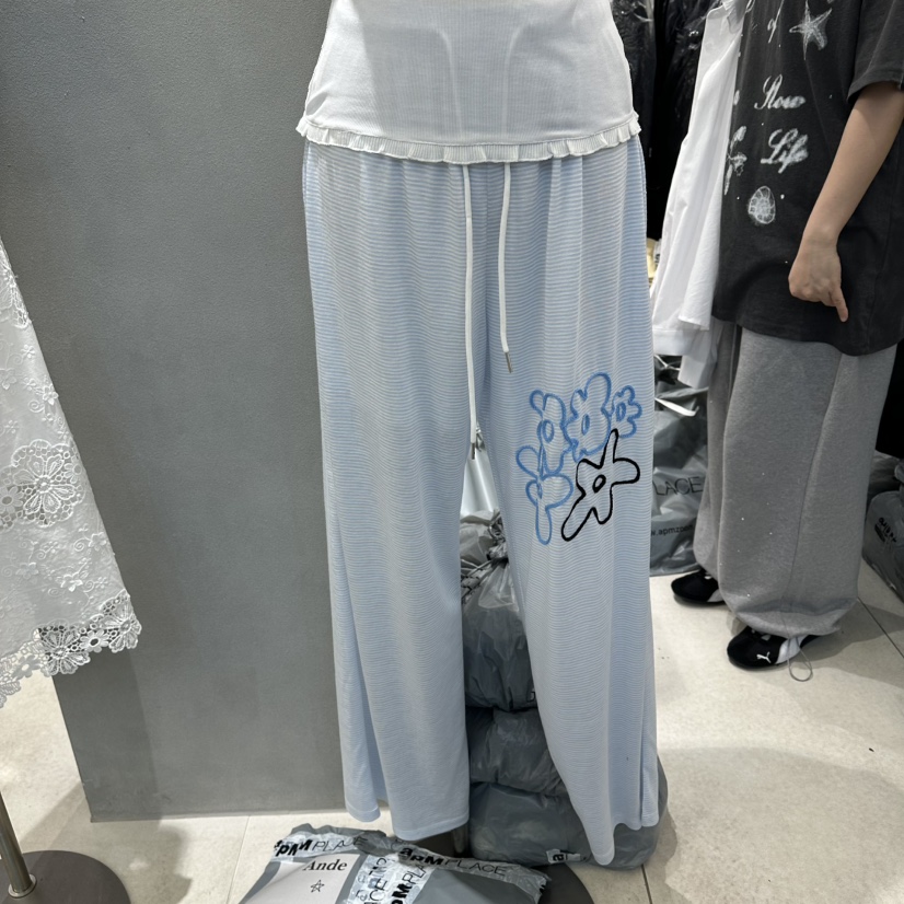 ANDE韓國代購女裝新款熱賣推薦人氣時尚休閑休閑褲天絲刺繡Ande休閑褲圖色1