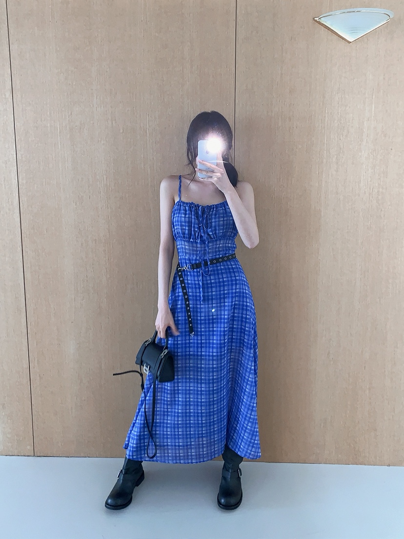 VERANDA韓國東大門代購女裝新款職業休閑26春夏長裙格子雪紡VERANDA長裙