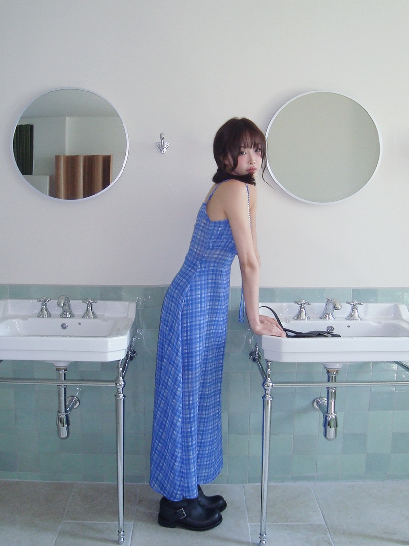 VERANDA韓國東大門代購女裝新款職業休閑26春夏長裙格子雪紡VERANDA長裙