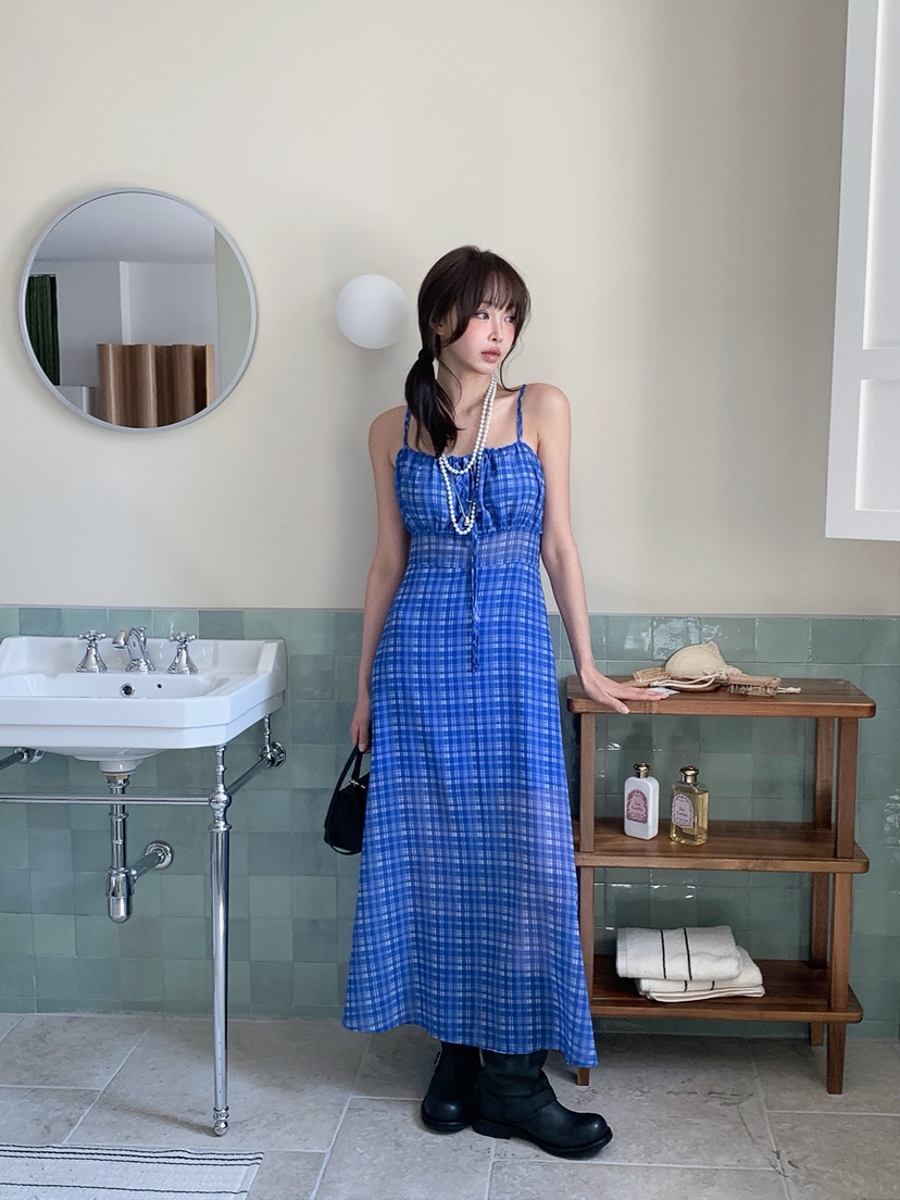 VERANDA韓國東大門代購女裝新款職業休閑26春夏長裙格子雪紡VERANDA長裙