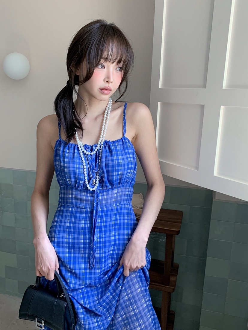 VERANDA韓國東大門代購女裝新款職業休閑26春夏長裙格子雪紡VERANDA長裙