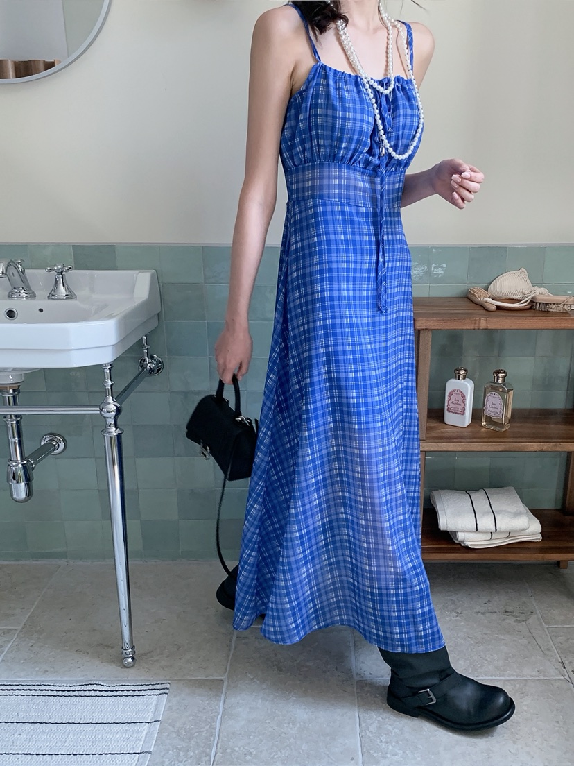 VERANDA韓國東大門代購女裝新款職業休閑26春夏長裙格子雪紡VERANDA長裙