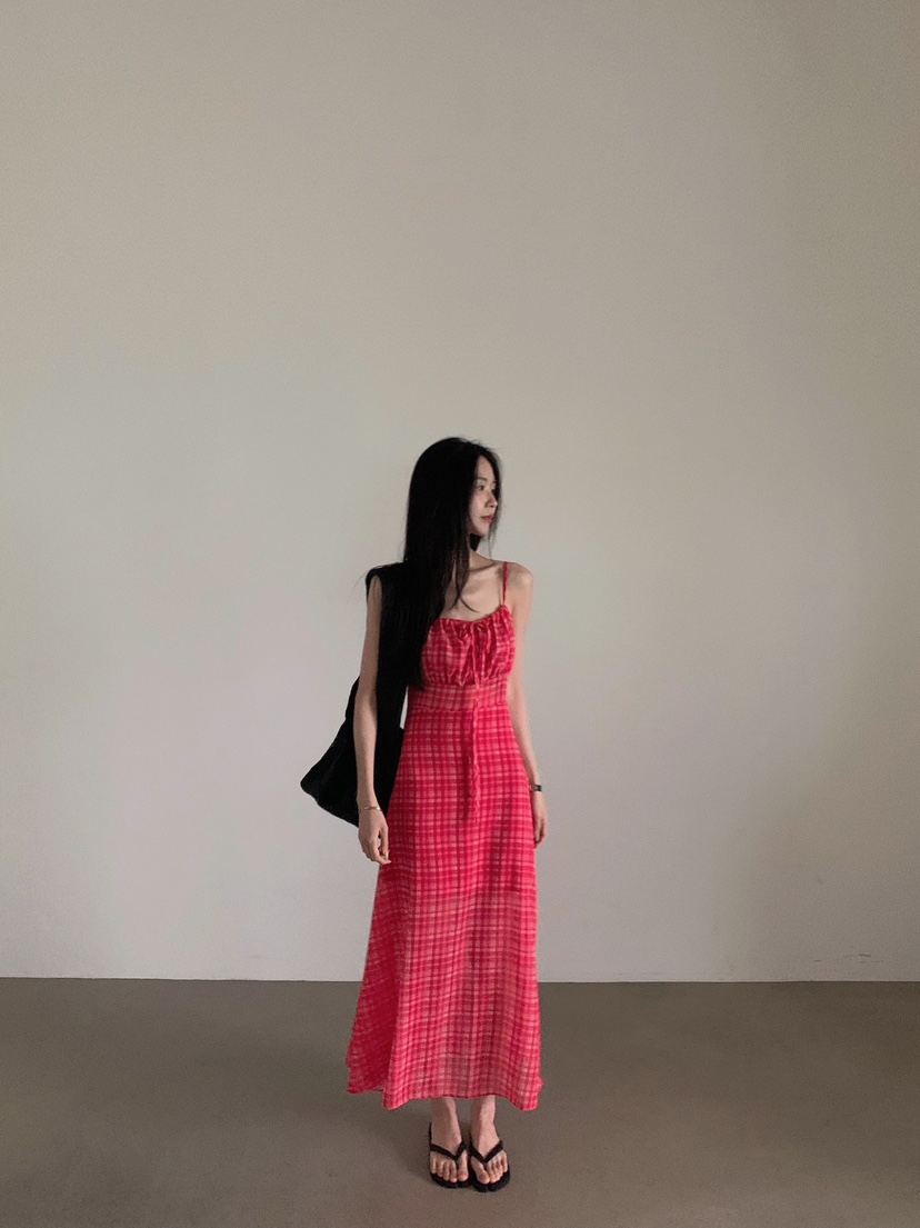 VERANDA韓國東大門代購女裝新款職業休閑26春夏長裙格子雪紡VERANDA長裙