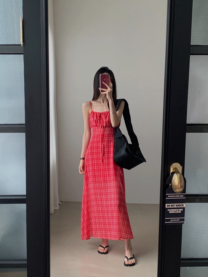 VERANDA韓國東大門代購女裝新款職業休閑26春夏長裙格子雪紡VERANDA長裙