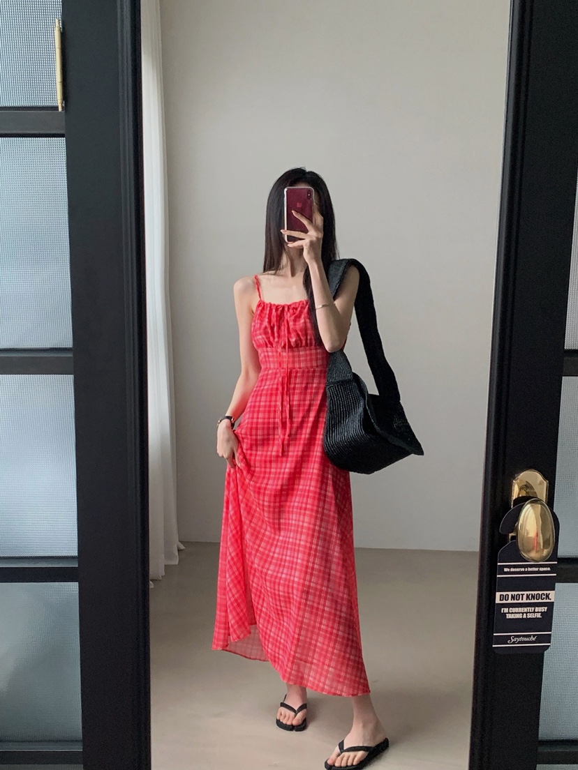 VERANDA韓國東大門代購女裝新款職業休閑26春夏長裙格子雪紡VERANDA長裙